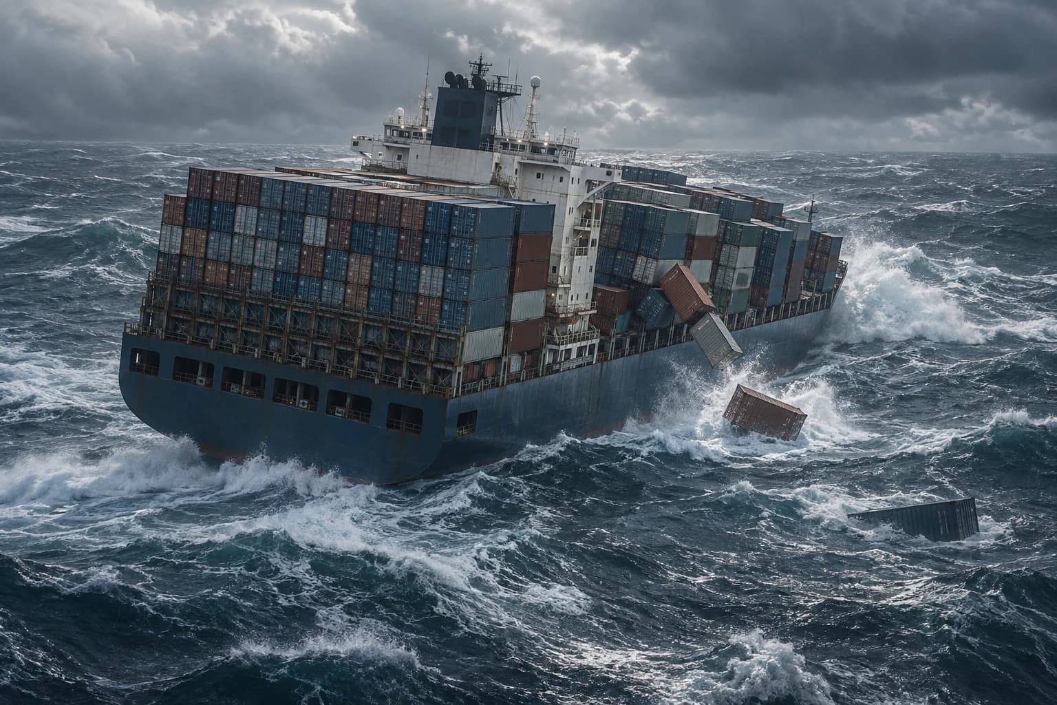 Illustration of containers falling from a cargo ship into rough ocean water.
