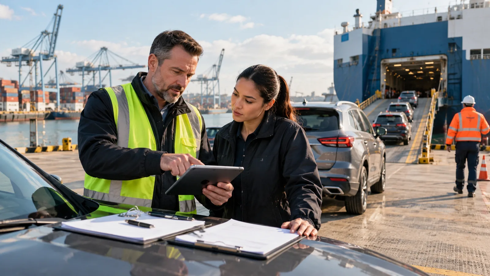 Editorial illustration: Auction-to-Port Vehicle Transport: Plan the Receiving Handoff