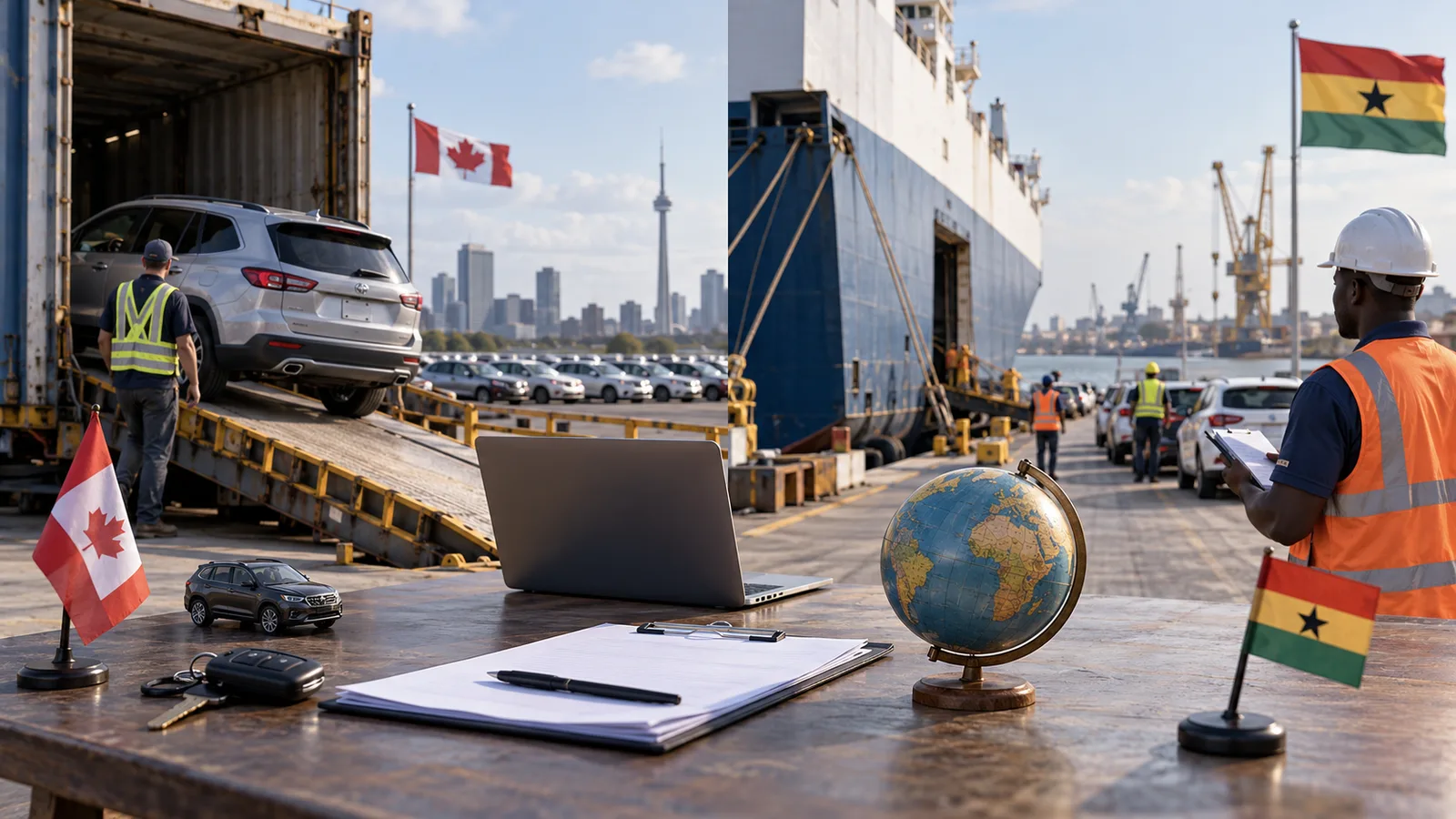 Editorial illustration: Canada to Ghana Auction Vehicle Shipping: Prepare Both Ends