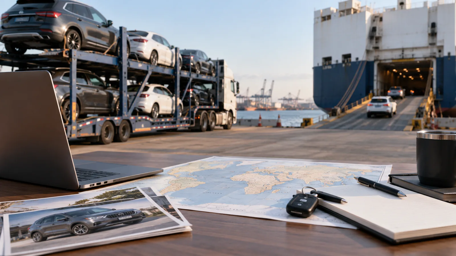 Editorial illustration: Compare Auction Vehicle Shipping Quotes by the Complete Journey