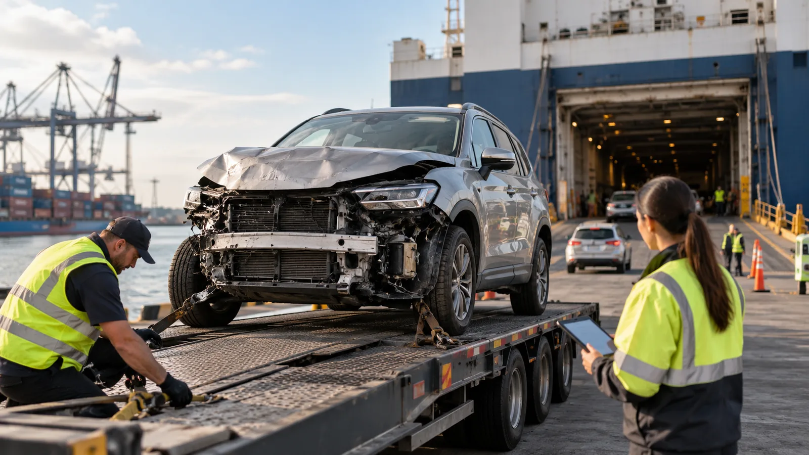 Editorial illustration: Damaged Auction Vehicles: Check Ocean Acceptance Before Ground Dispatch