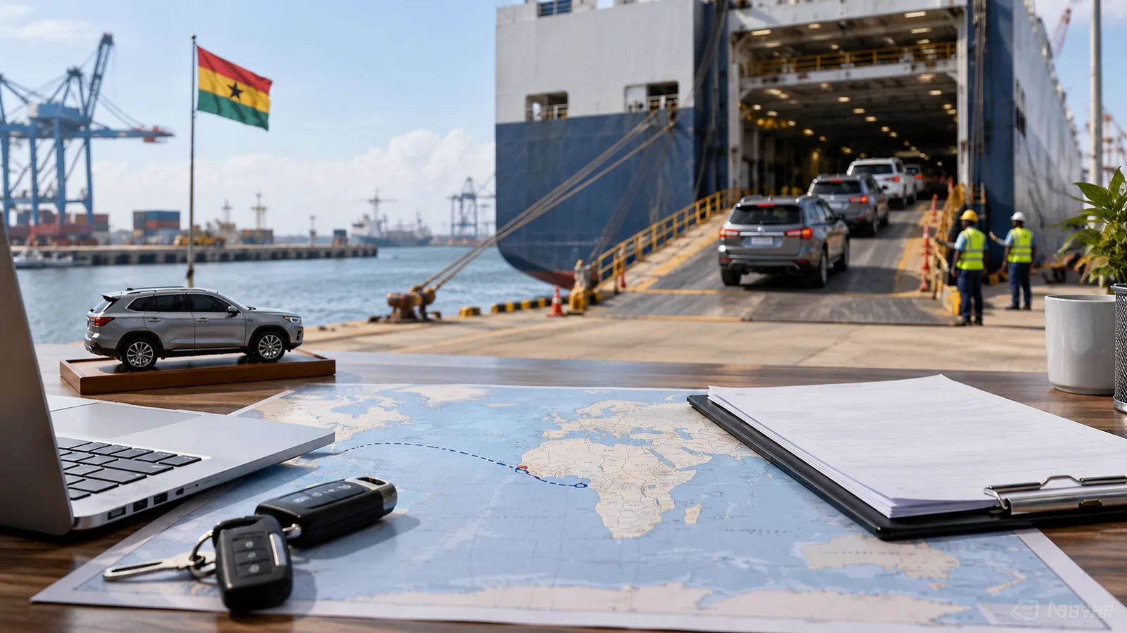 Editorial illustration: Vehicle Shipping to Ghana: Separate Freight from Import Costs