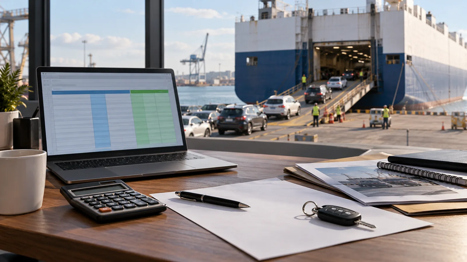 Editorial illustration: Vehicle Import Landed Cost: Build a Worksheet Before Buying