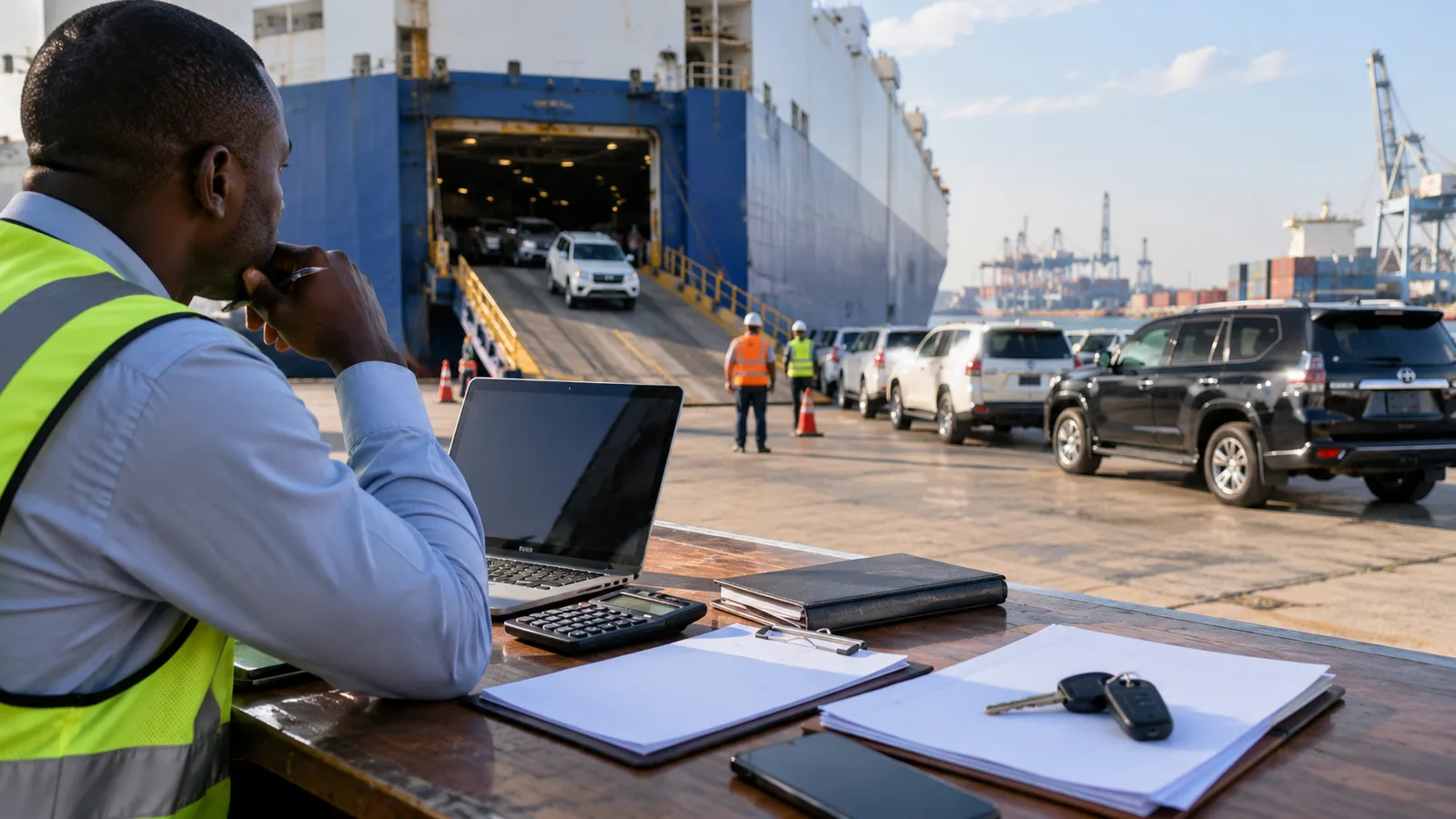 Editorial illustration: Nigeria Dealer Vehicle Imports: Plan the Batch and Cash Commitments