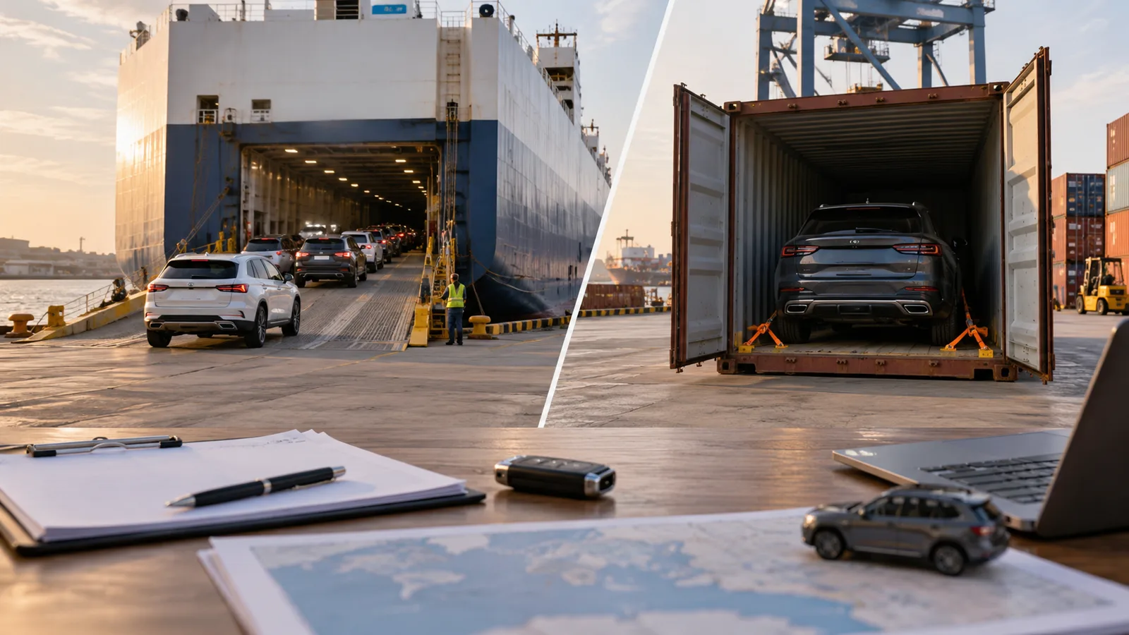 Editorial illustration: RoRo vs Container Vehicle Shipping: Compare the Full Journey