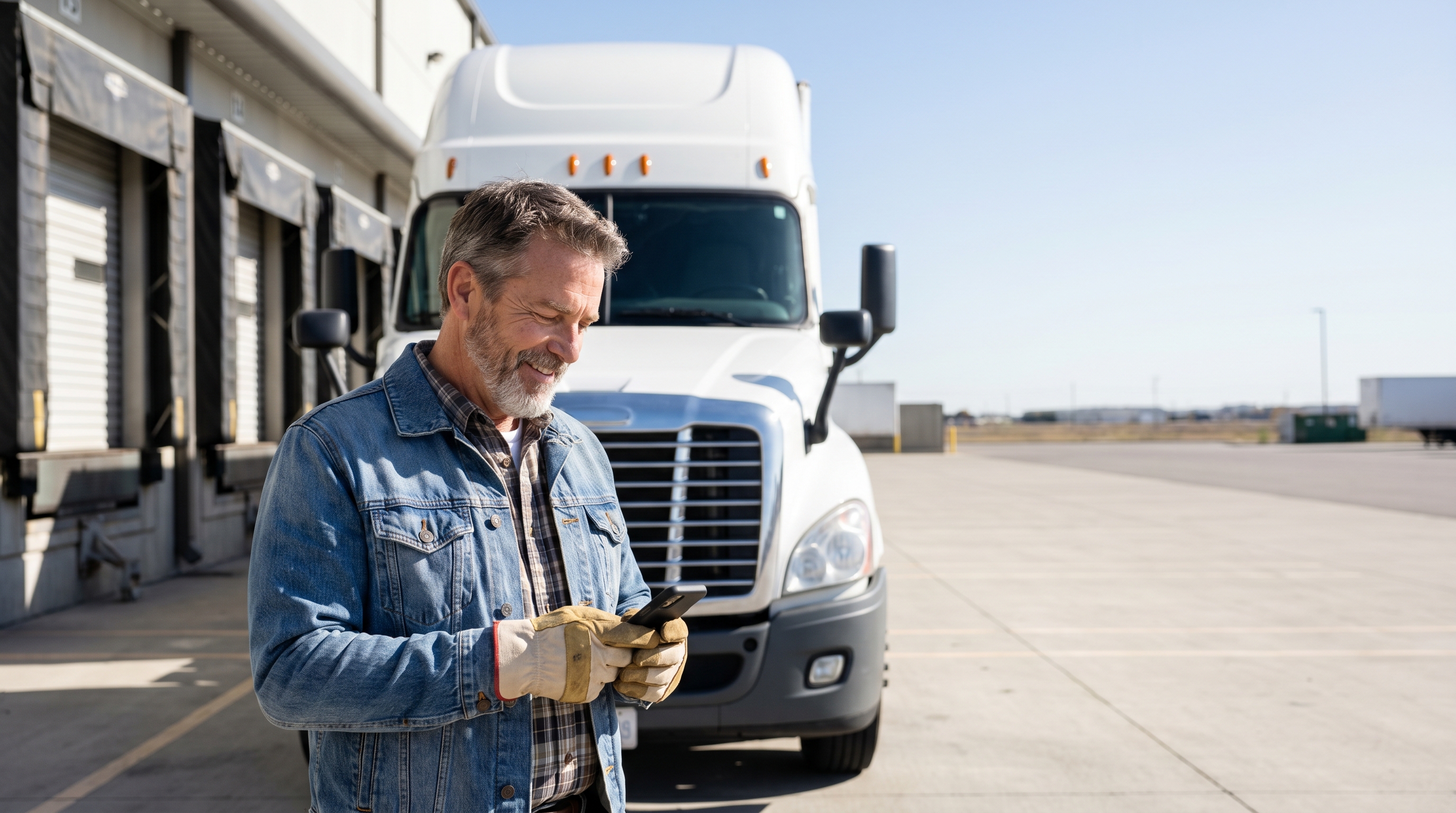 Carrier reviewing shipment details in front of a truck