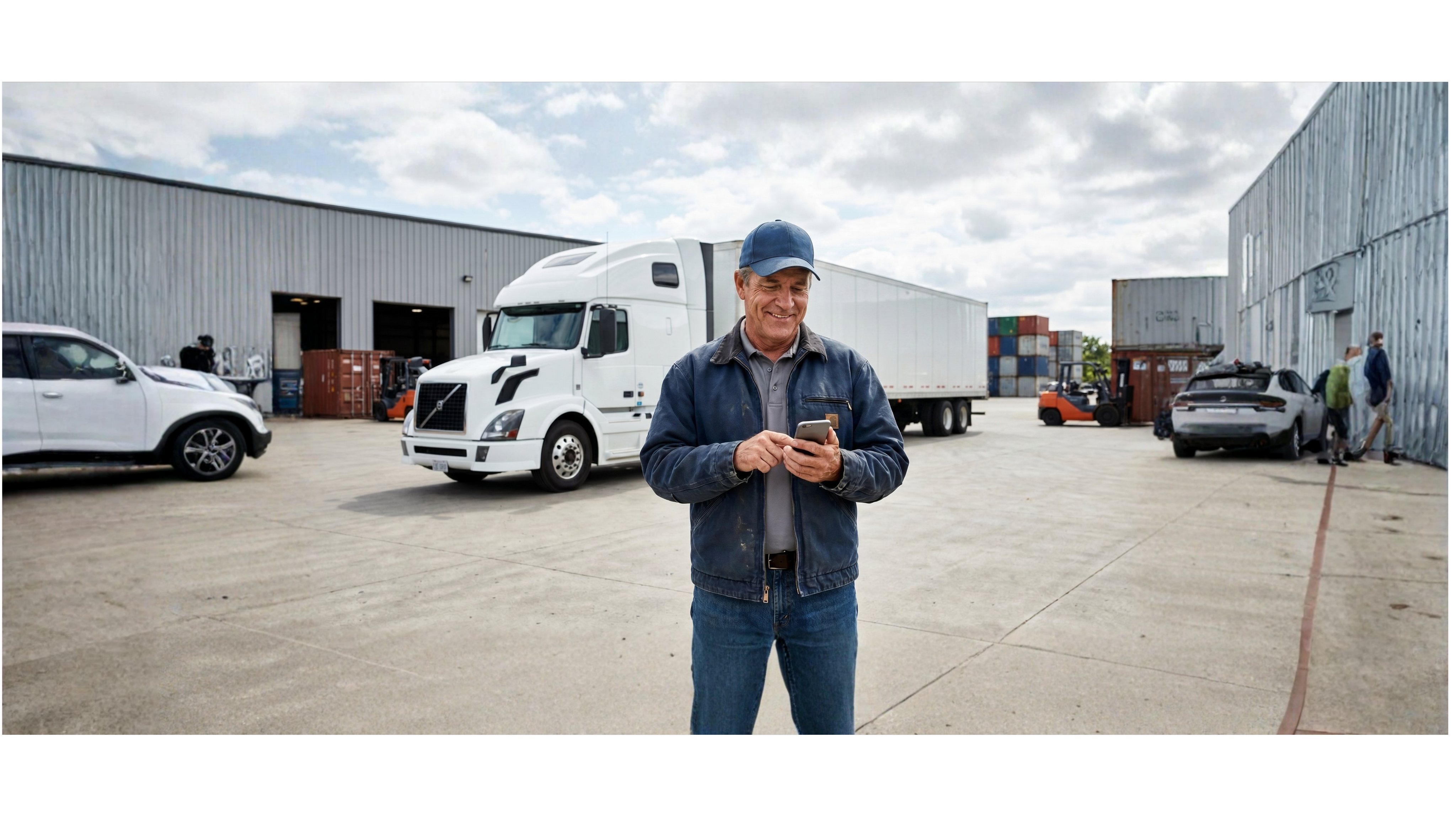 A truck driver using the Fleet X Direct mobile app beside a tractor trailer